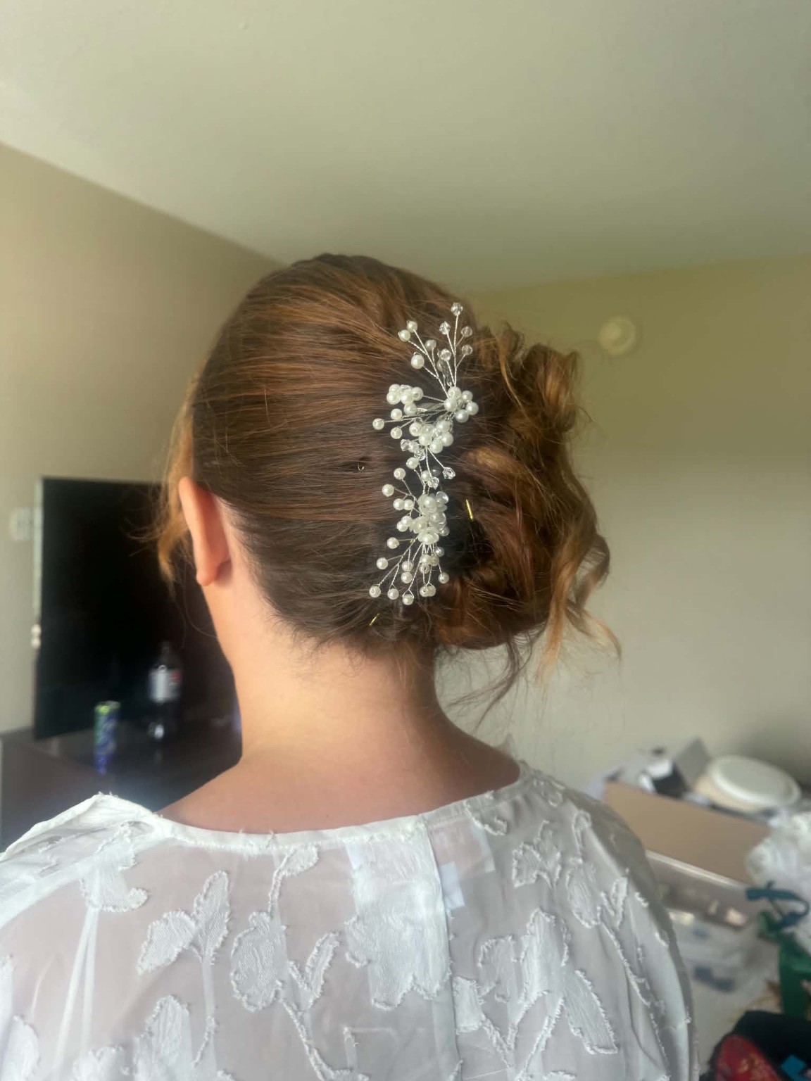 French Twist with pearl hairpiece, second angle